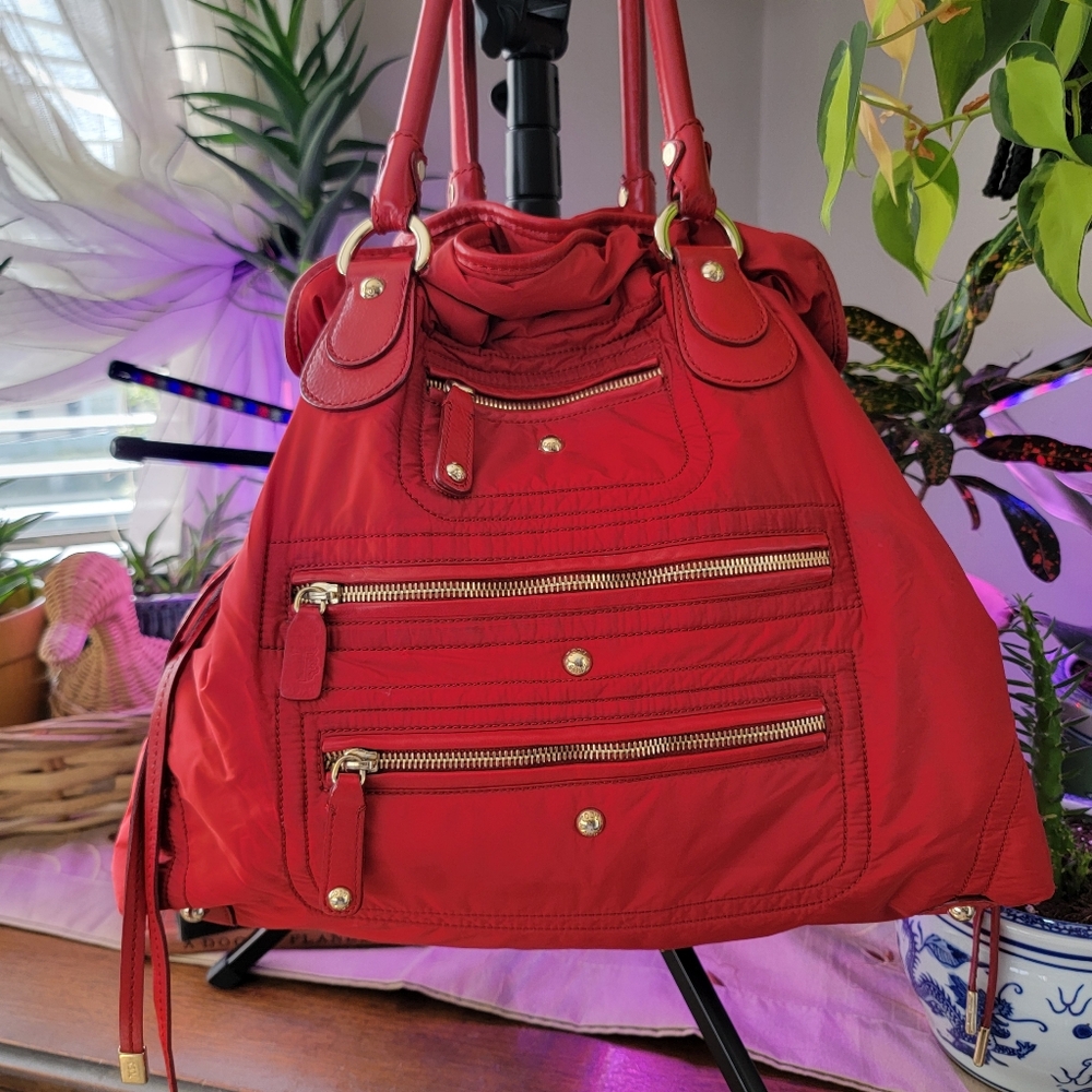 TOD'S Fire Engine Red Nylon And Leather Drawstring Tote
